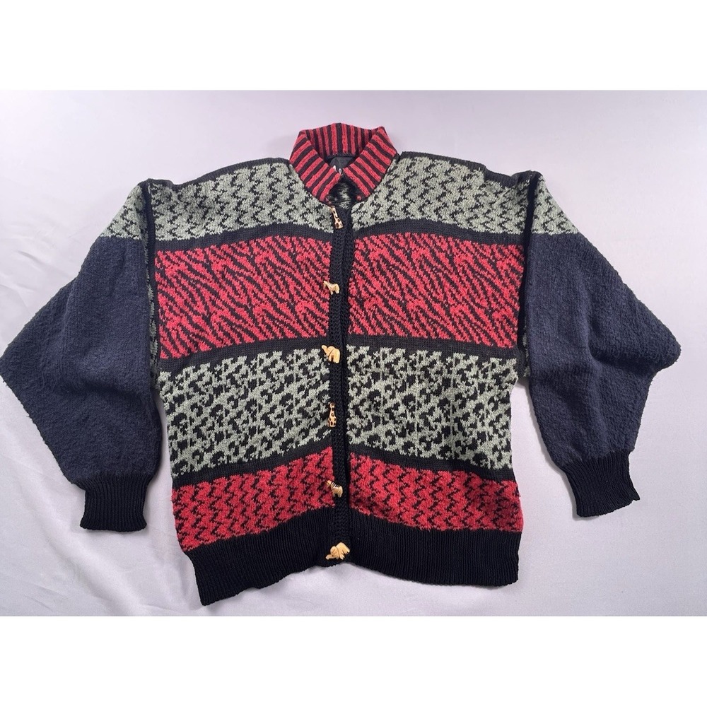 Felizzi Hand Loomed Cotton Cardigan Sweater Medium Animal Safari Buttons Vintage